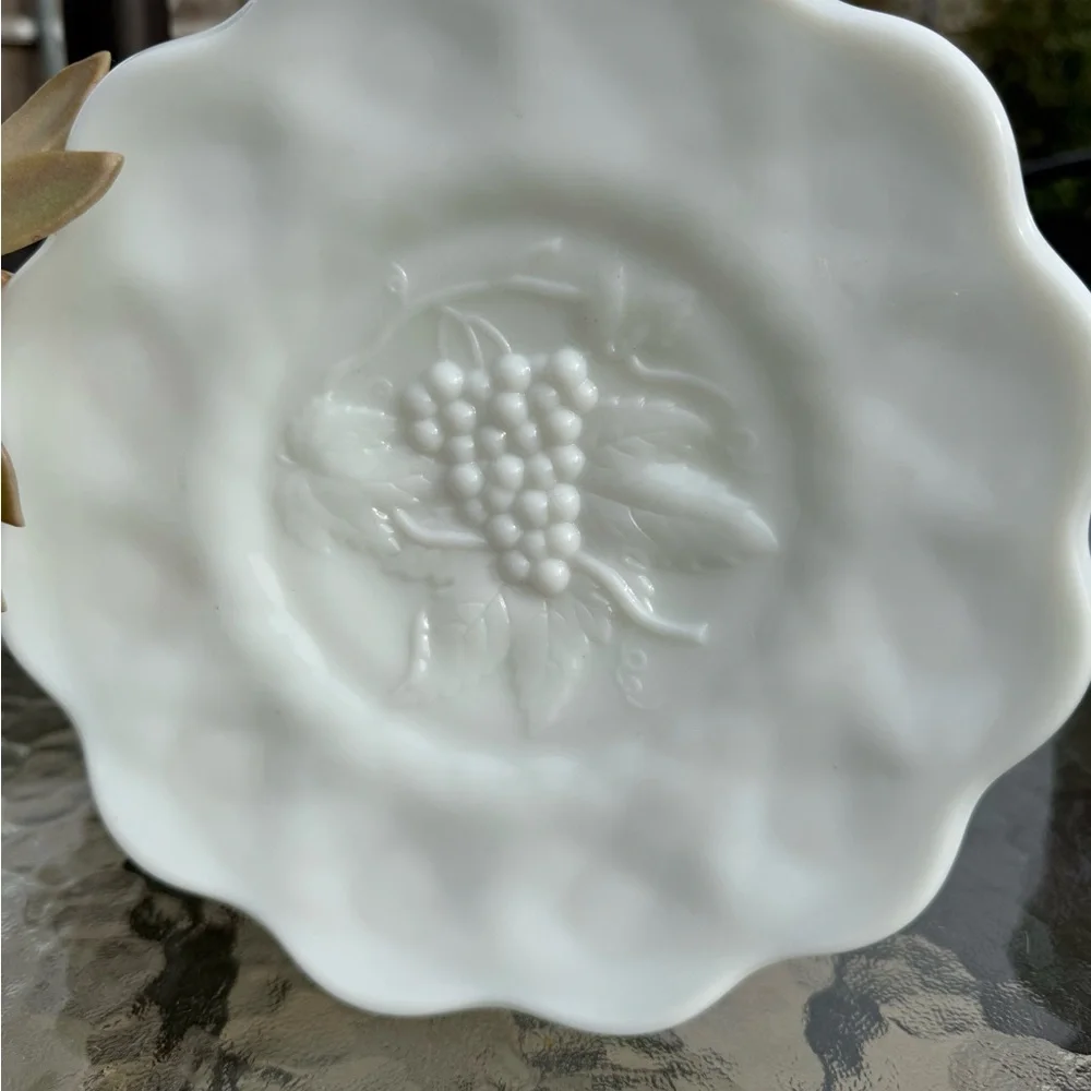 Vintage White Milk Glass Grape Pattern Bowl 8x8 Decorative Dish